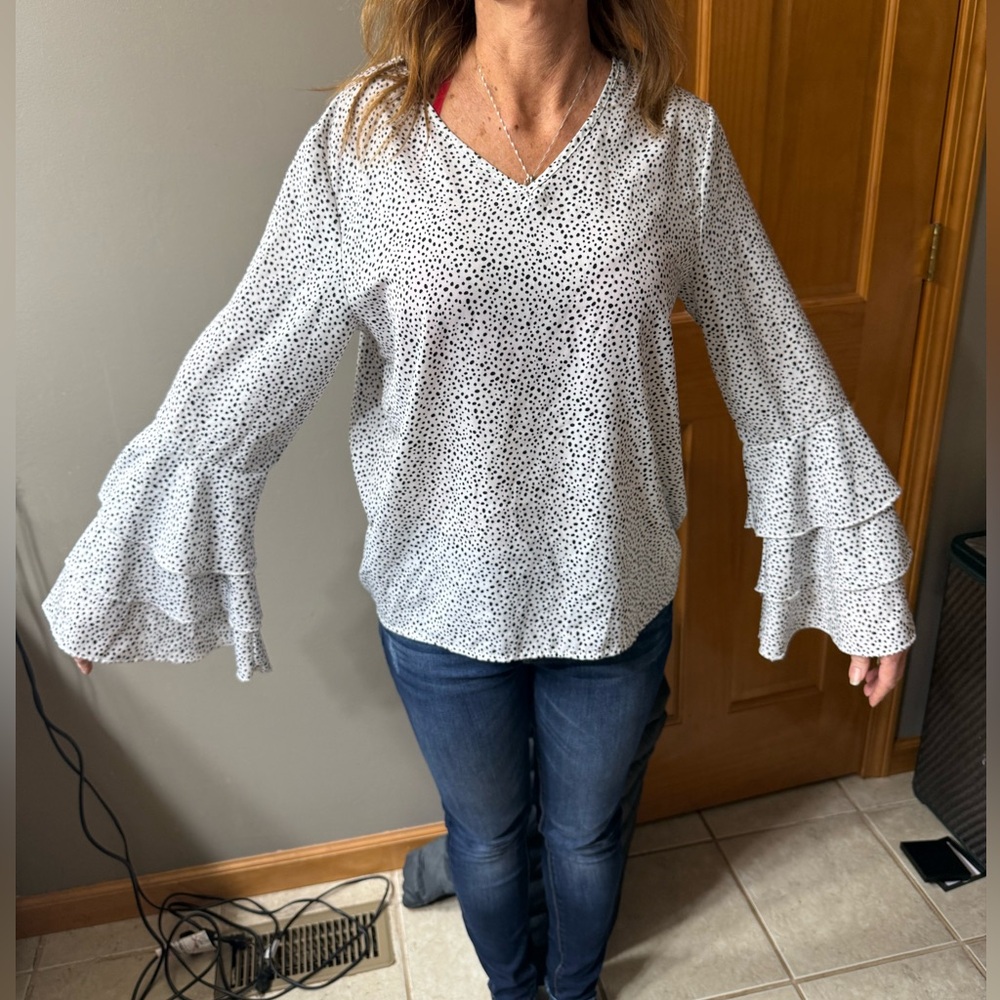 SHEIN White Ruffle Sleeve Blouse with Black Dots Dalmatian style